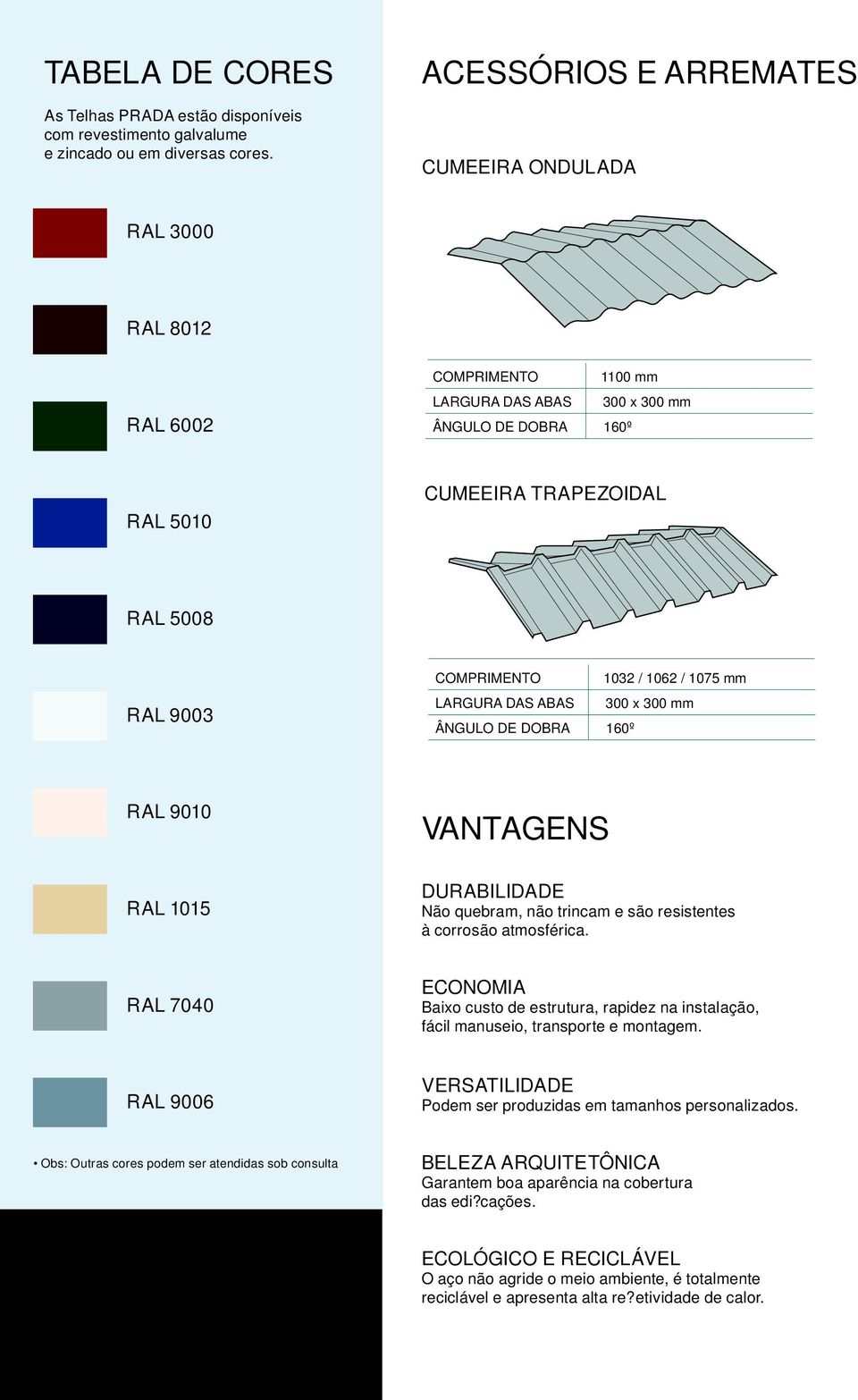 1032 / 1062 / 1075 mm LARGURA DAS ABAS 300 x 300 mm ÂNGULO DE DOBRA 160º RAL 9010 RAL 1015 VANTAGENS DURABILIDADE Não quebram, não trincam e são resistentes à corrosão atmosférica.