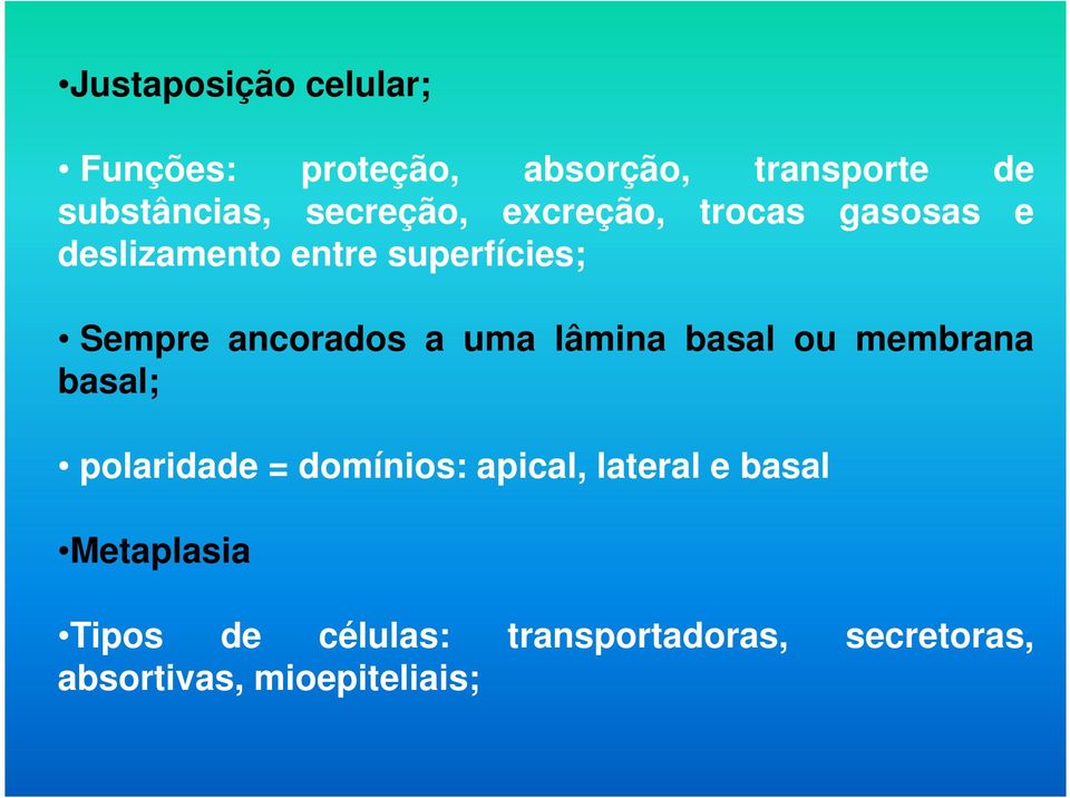 ancorados a uma lâmina basal ou membrana basal; polaridade = domínios: apical,