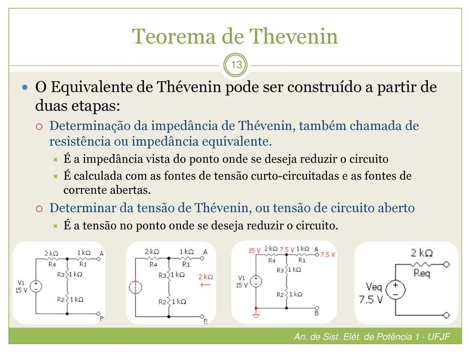 É a impedância vista do ponto onde se deseja reduzir o circuito É calculada com as fontes de tensão