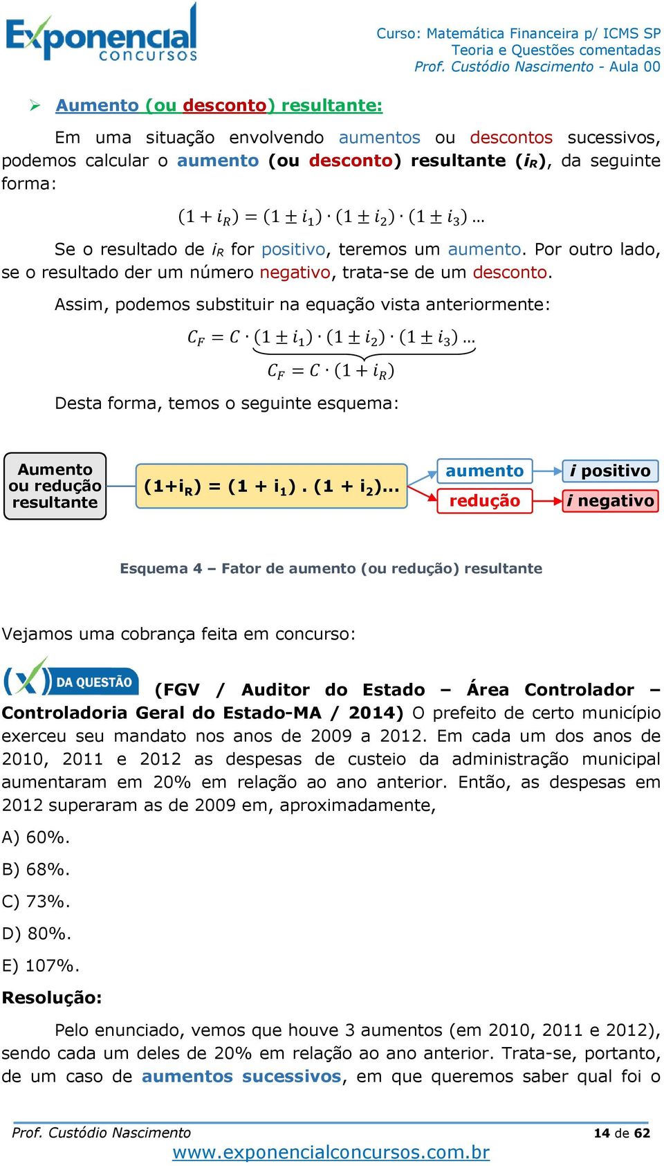 Assim, podemos substituir na equação vista anteriormente: 1 % 1 % " 1 % 1 $ Desta forma, temos o seguinte esquema: Aumento ou redução resultante (1+i R ) = (1 + i 1 ). (1 + i 2 ).