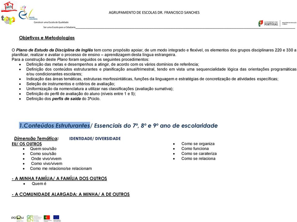 Para a construção deste Plano foram seguidos os seguintes procedimentos: Definição das metas e desempenhos a atingir, de acordo com os vários domínios de referência; Definição dos conteúdos