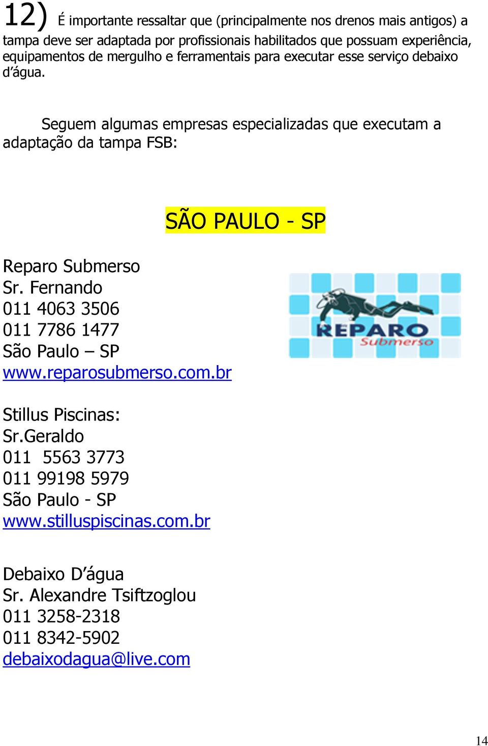 Seguem algumas empresas especializadas que executam a adaptação da tampa FSB: Reparo Submerso Sr. Fernando 011 4063 3506 011 7786 1477 São Paulo SP www.