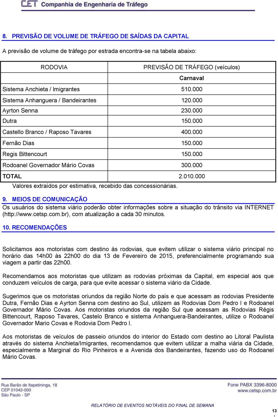 000 Rodoanel Governador Mário Covas 300.000 TOTAL 2.00.000 Valores extraídos por estimativa, recebido das concessionárias. 9.