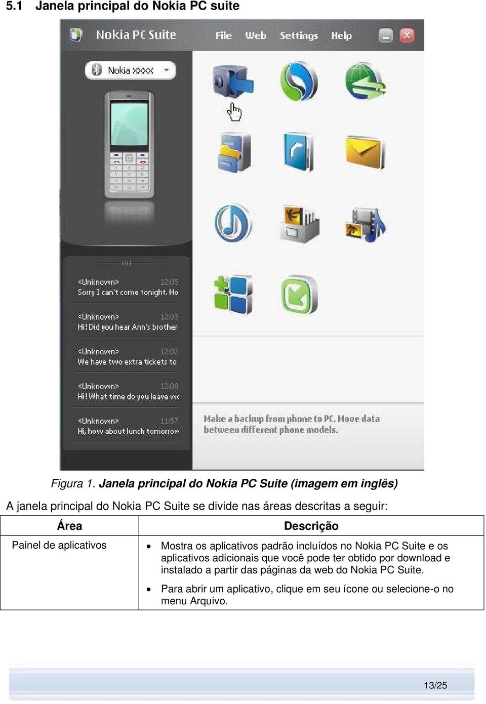 a seguir: Área Painel de aplicativos Descrição Mostra os aplicativos padrão incluídos no Nokia PC Suite e os aplicativos