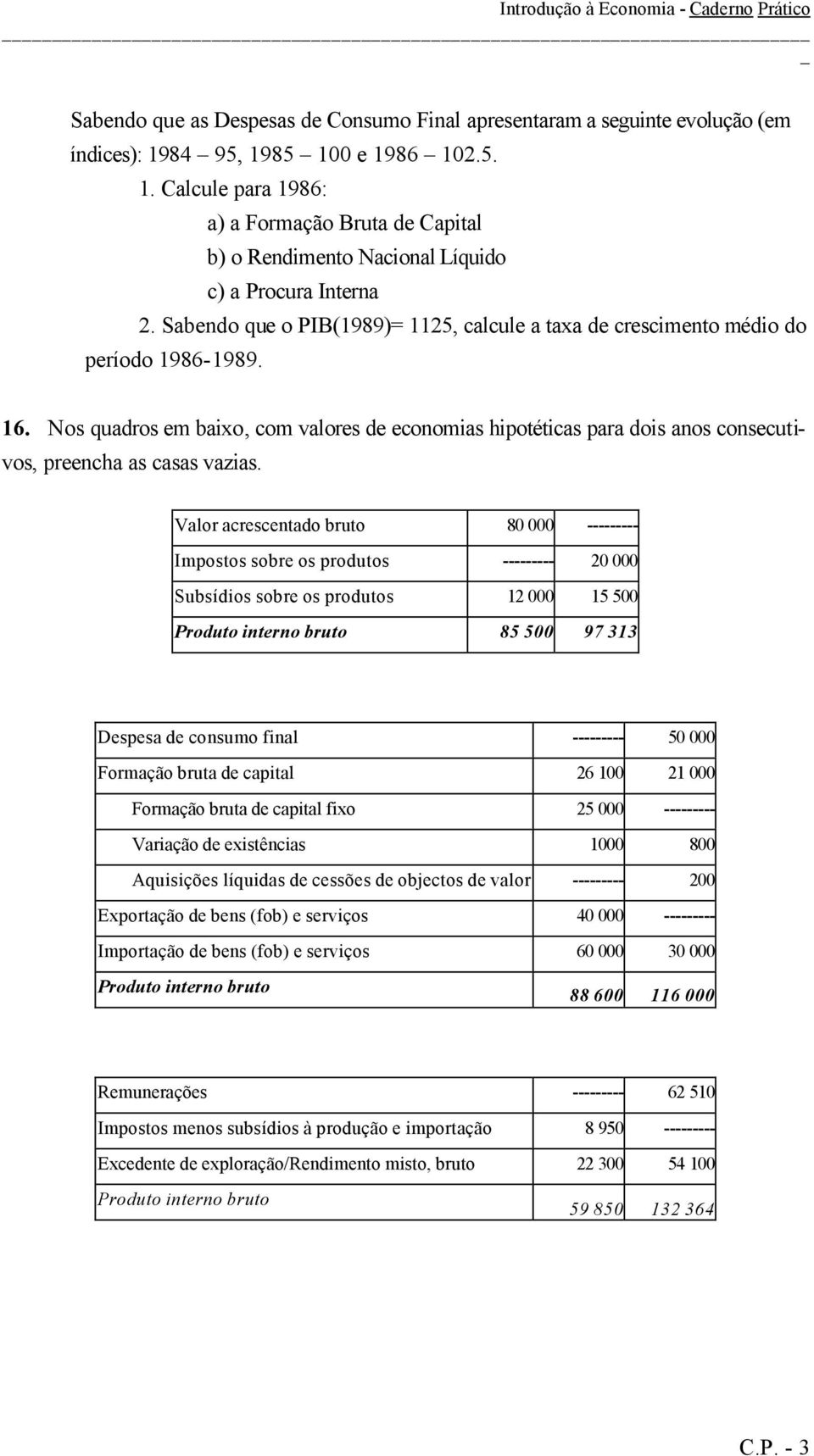 Nos quadros em baixo, com valores de economias hipotéticas para dois anos consecutivos, preencha as casas vazias.