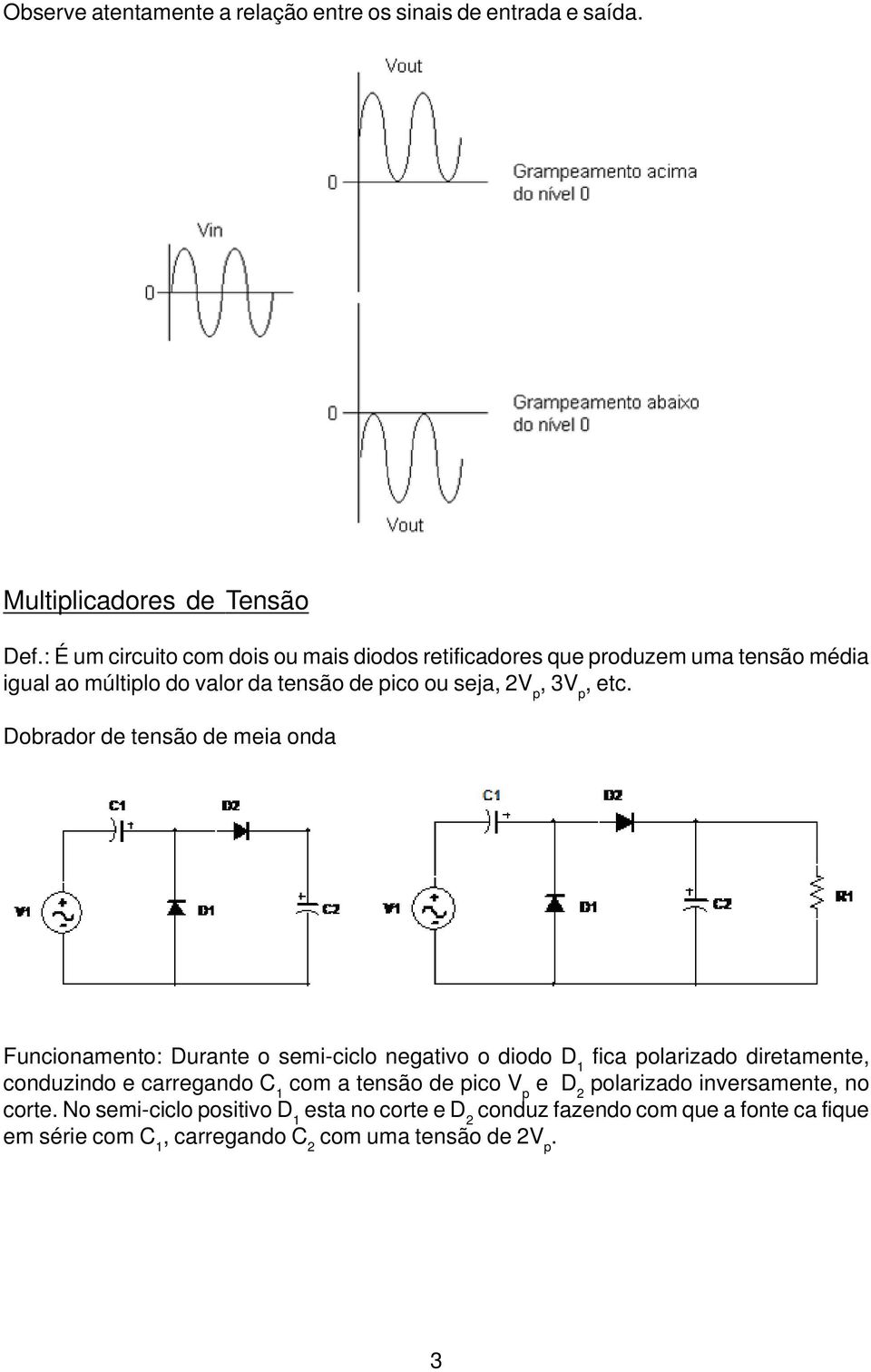 etc. Dobrador de tensão de meia onda Funcionamento: Durante o semi-ciclo negativo o diodo D 1 fica polarizado diretamente, conduzindo e carregando C 1