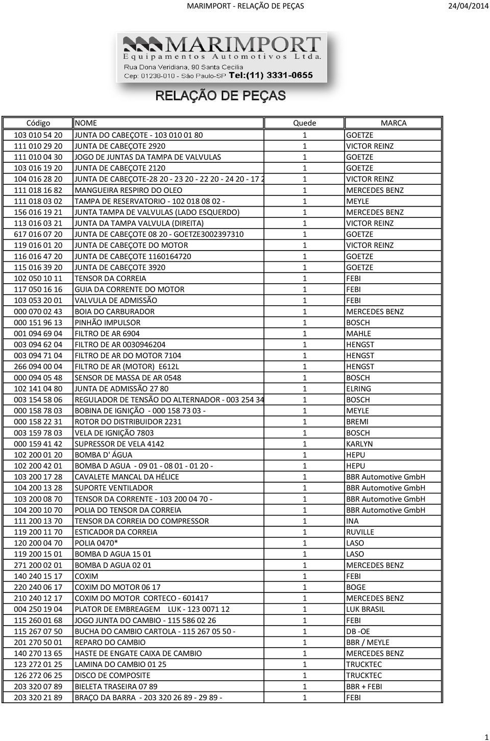 02 TAMPA DE RESERVATORIO - 102 018 08 02-1 MEYLE 156 016 19 21 JUNTA TAMPA DE VALVULAS (LADO ESQUERDO) 1 MERCEDES BENZ 113 016 03 21 JUNTA DA TAMPA VALVULA (DIREITA) 1 VICTOR REINZ 617 016 07 20