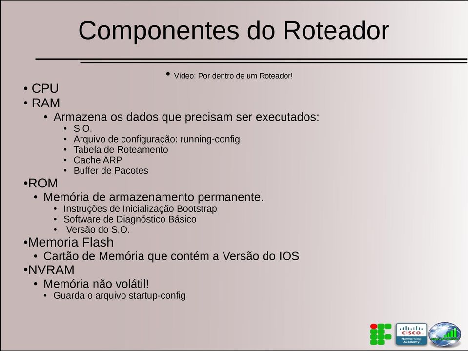 Arquivo de configuração: running-config Tabela de Roteamento Cache ARP Buffer de Pacotes ROM Memória de