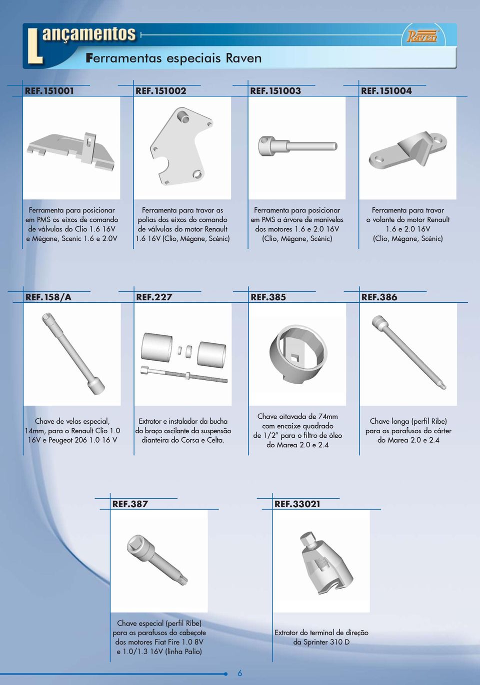 0 16V (Clio, Mégane, Scénic) Ferramenta para travar o volante do motor Renault 1.6 e 2.0 16V (Clio, Mégane, Scénic) REF.158/A REF.227 REF.385 REF.