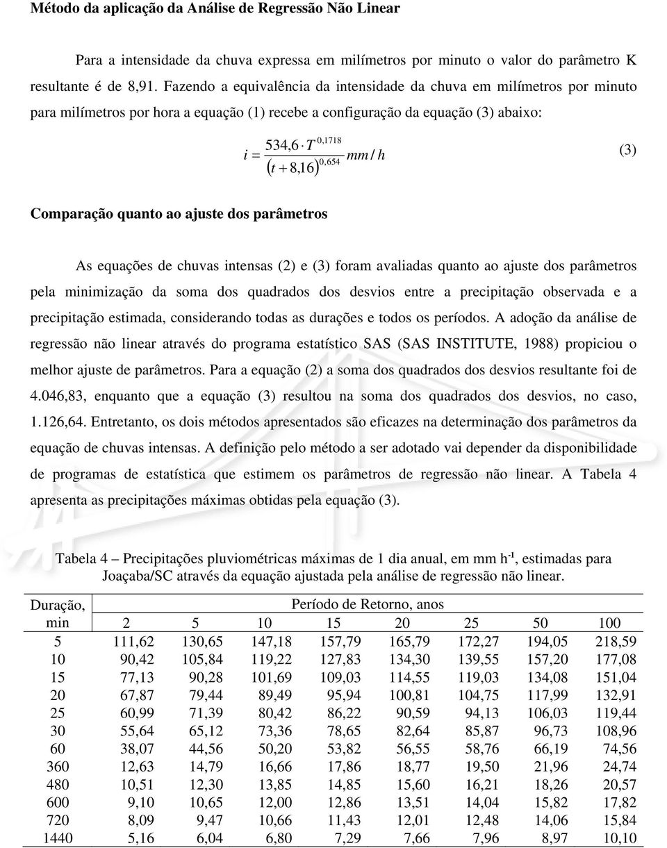 (3) Comparação quanto ao ajuste dos parâmetros As equações de chuvas intensas (2) e (3) foram avaliadas quanto ao ajuste dos parâmetros pela minimização da soma dos quadrados dos desvios entre a