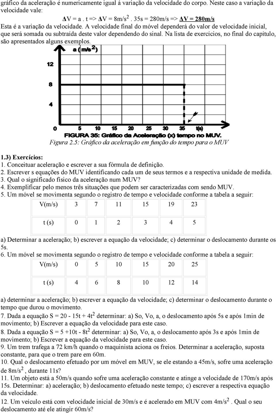 Na lista de exercícios, no final do capítulo, são apresentados alguns exemplos. Figura 2.5: Gráfico da aceleração em função do tempo para o MUV 1.3) Exercícios: 1.