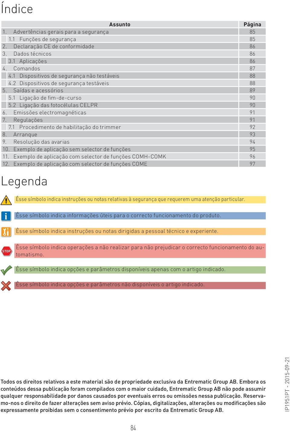 Emissões electromagnéticas 91 7. Regulações 91 7.1 Procedimento de habilitação do trimmer 92 8. Arranque 93 9. Resolução das avarias 94 10. Exemplo de aplicação sem selector de funções 95 11.