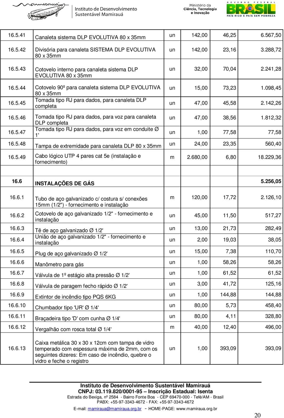 5.47 1' 16.5.48 Tampa de extremidade para canaleta DLP 80 x 35mm 16.5.49 Cabo lógico UTP 4 pares cat 5e ( e fornecimento) un 142,00 23,16 3.288,72 un 32,00 70,04 2.241,28 un 15,00 73,23 1.