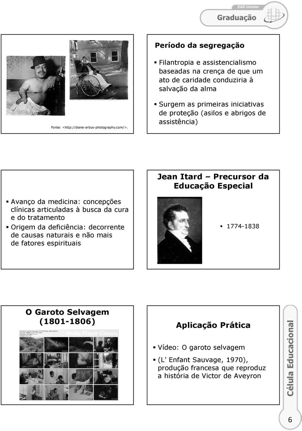 Surgem as primeiras iniciativas de proteção (asilos e abrigos de assistência) Jean Itard Precursor da Educação Especial Avanço da medicina: concepções clínicas