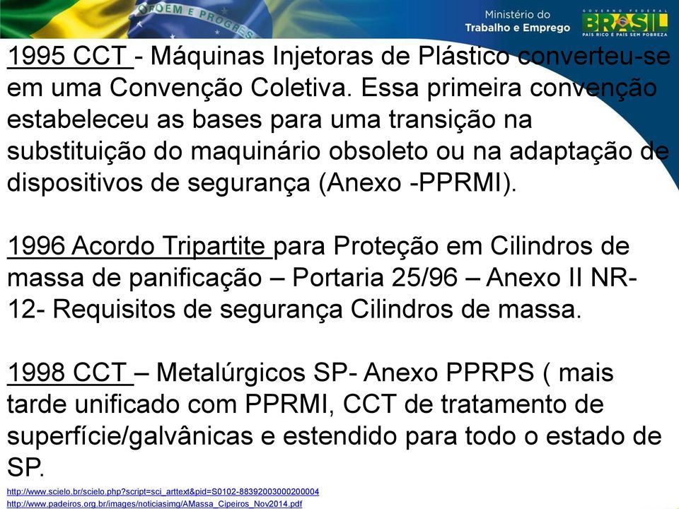 NR-12 - SEGURANÇA NO TRABALHO LA NUOVA NORMATIVA BRASILIANA 1996 Acordo Tripartite para Proteção em Cilindros de massa NR-12 de panificação SULLA SICUREZZA Portaria 25/96 DELLE Anexo II NR- 12-