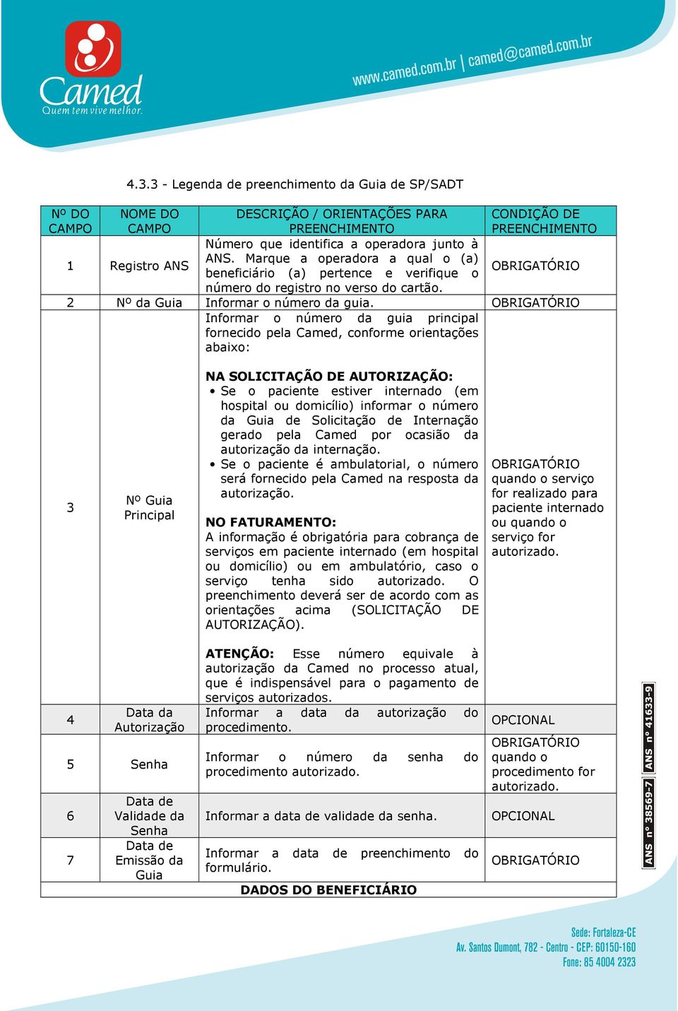 Informar o número da guia principal fornecido pela Camed, conforme orientações abaixo: 3 Nº Guia Principal NA SOLICITAÇÃO DE AUTORIZAÇÃO: Se o paciente estiver internado (em hospital ou domicílio)