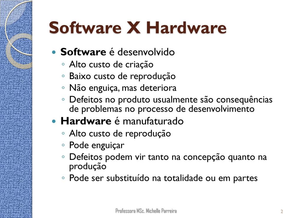 processo de desenvolvimento Hardware é manufaturado Alto custo de reprodução Pode enguiçar