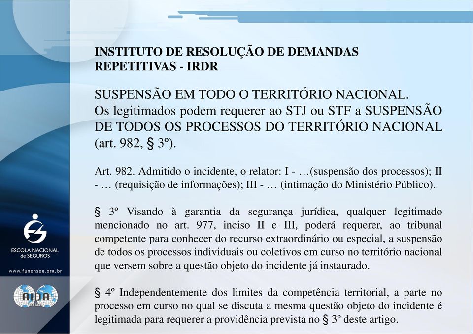 3º). Art. 982. Admitido o incidente, o relator: I - (suspensão dos processos); II - (requisição de informações); III - (intimação do Ministério Público).