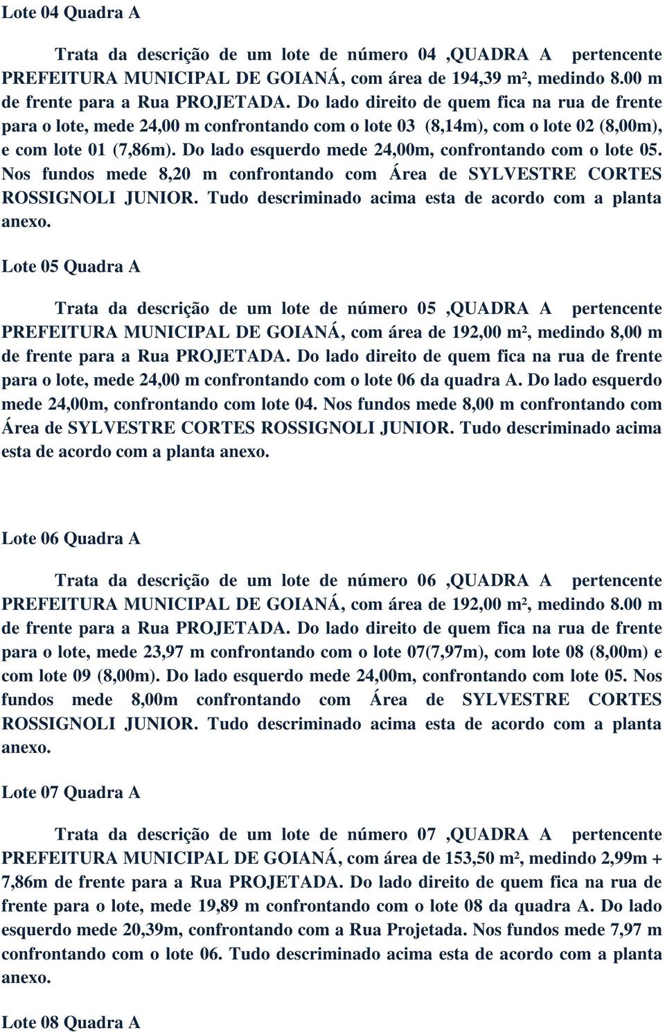 Nos fundos mede 8,20 m confrontando com Área de SYLVESTRE CORTES ROSSIGNOLI JUNIOR.