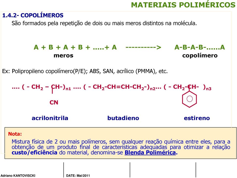 .. ( - CH 2 -CH- ) n3 CN acrilonitrila butadieno estireno Nota: Mistura física de 2 ou mais polímeros, sem qualquer reação química entre