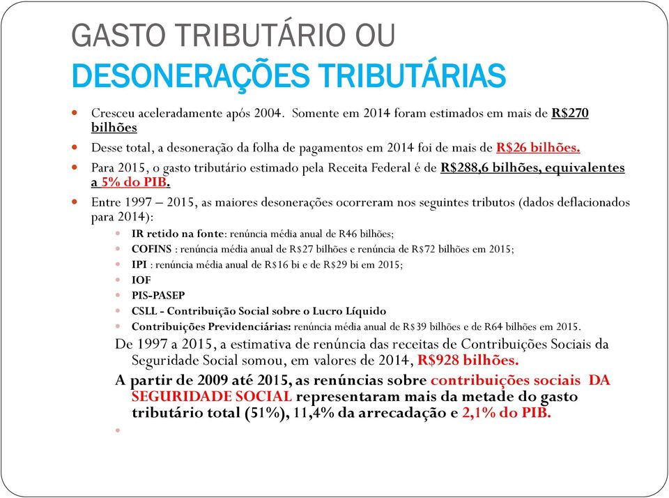 Para 2015, o gasto tributário estimado pela Receita Federal é de R$288,6 bilhões, equivalentes a 5% do PIB.