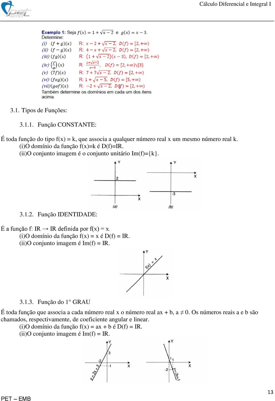 (i)o domínio da função f(x) = x é D(f) = IR. (ii)o conjunto imagem é Im(f) = IR. 3.