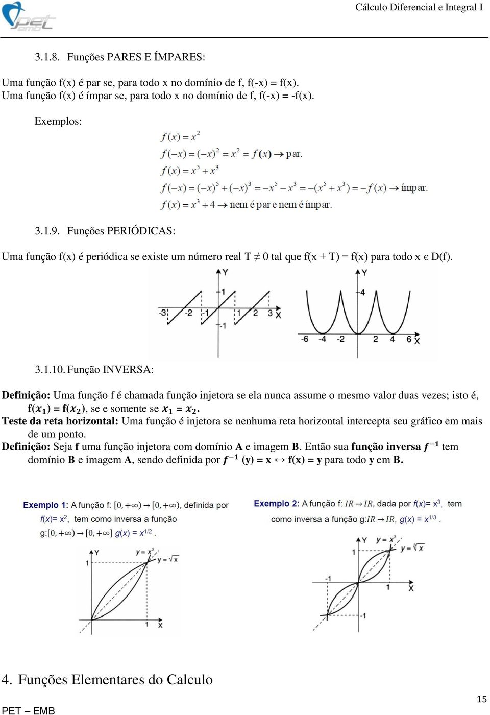 Função INVERSA: Definição: Uma função f é chamada função injetora se ela nunca assume o mesmo valor duas vezes; isto é, f(x 1 ) = f(x 2 ), se e somente se x 1 = x 2.