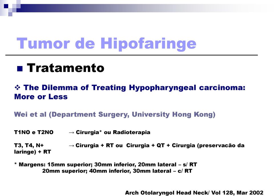 Cirurgia + QT + Cirurgia (preservacão da laringe) + RT * Margens: 15mm superior; 30mm inferior, 20mm