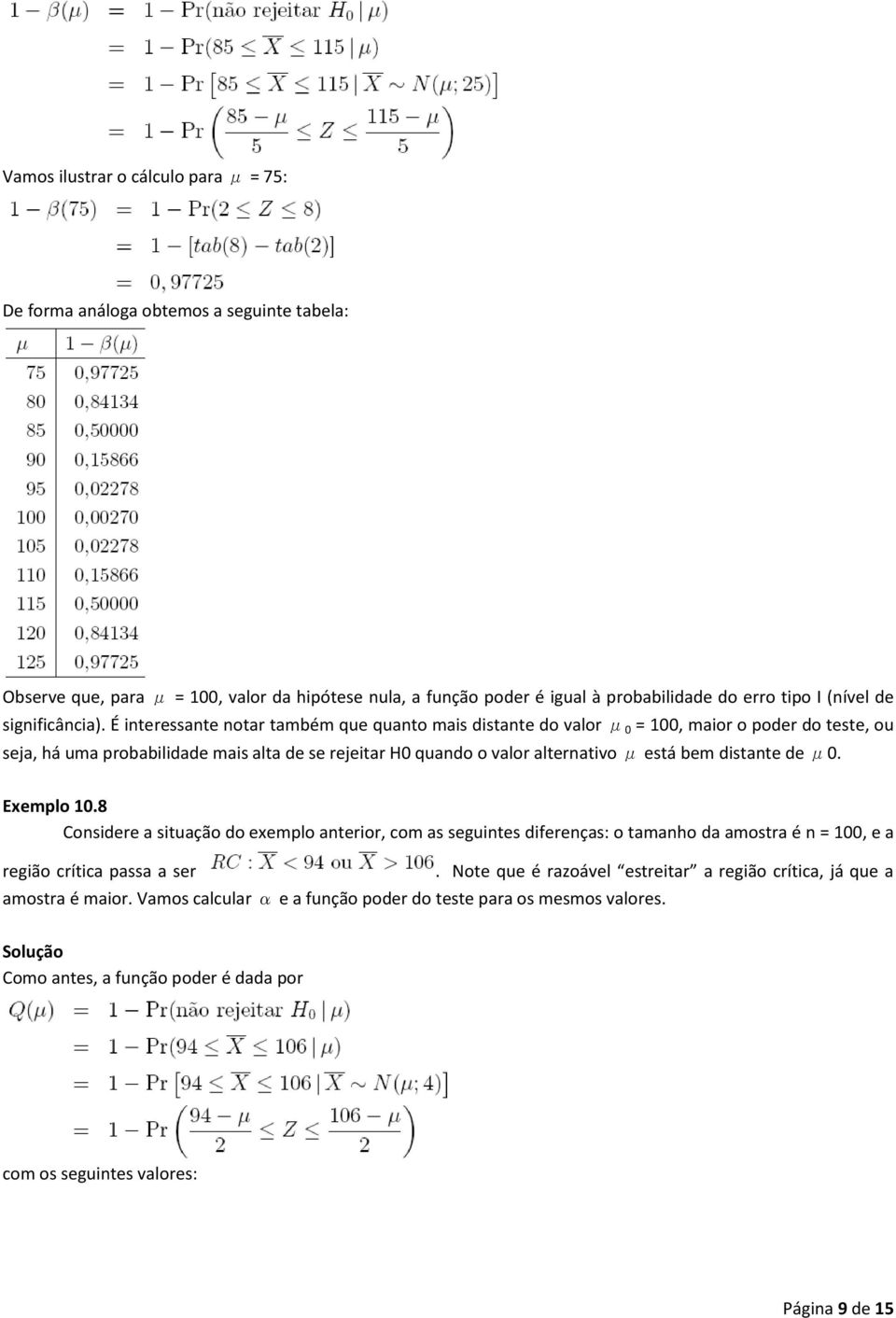 É interessante notar também que quanto mais distante do valor μ 0 = 100, maior o poder do teste, ou seja, há uma probabilidade mais alta de se rejeitar H0 quando o valor alternativo μ está bem