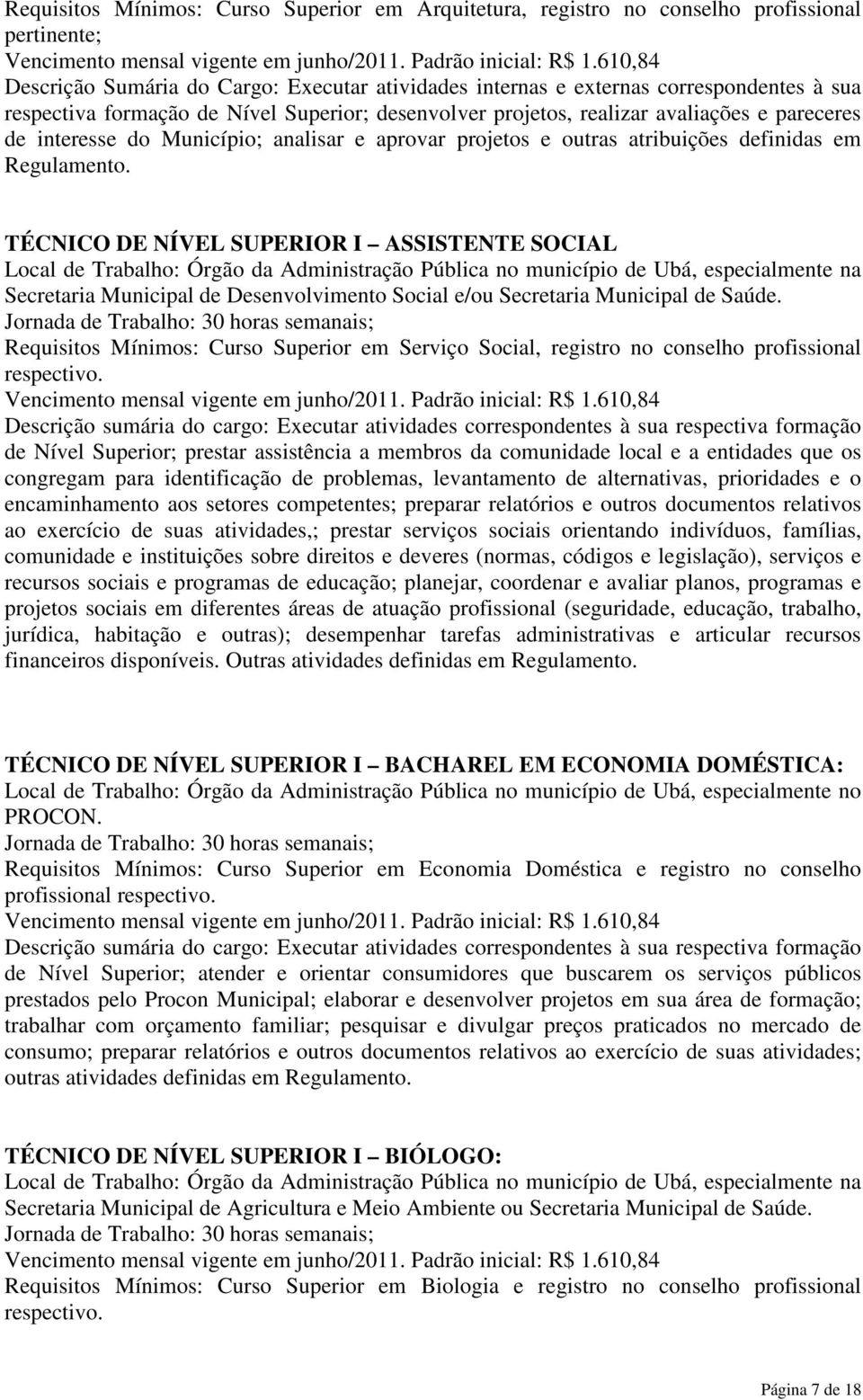 TÉCNICO DE NÍVEL SUPERIOR I ASSISTENTE SOCIAL Secretaria Municipal de Desenvolvimento Social e/ou Requisitos Mínimos: Curso Superior em Serviço Social, registro no conselho profissional respectivo.