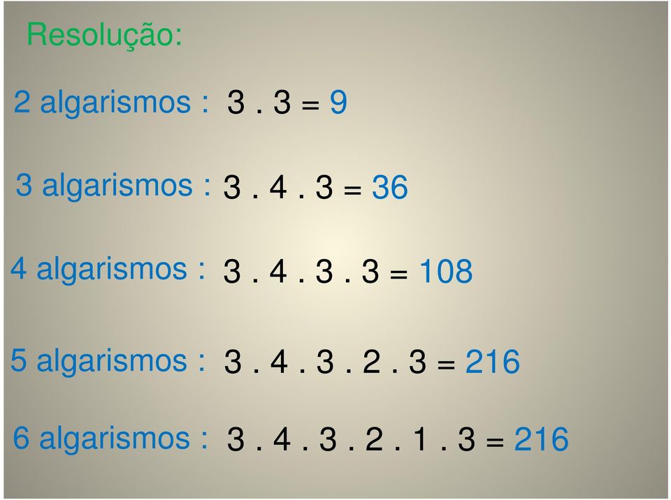 4. 3 = 36 3. 4. 3. 3 = 108 5 algarismos : 3.