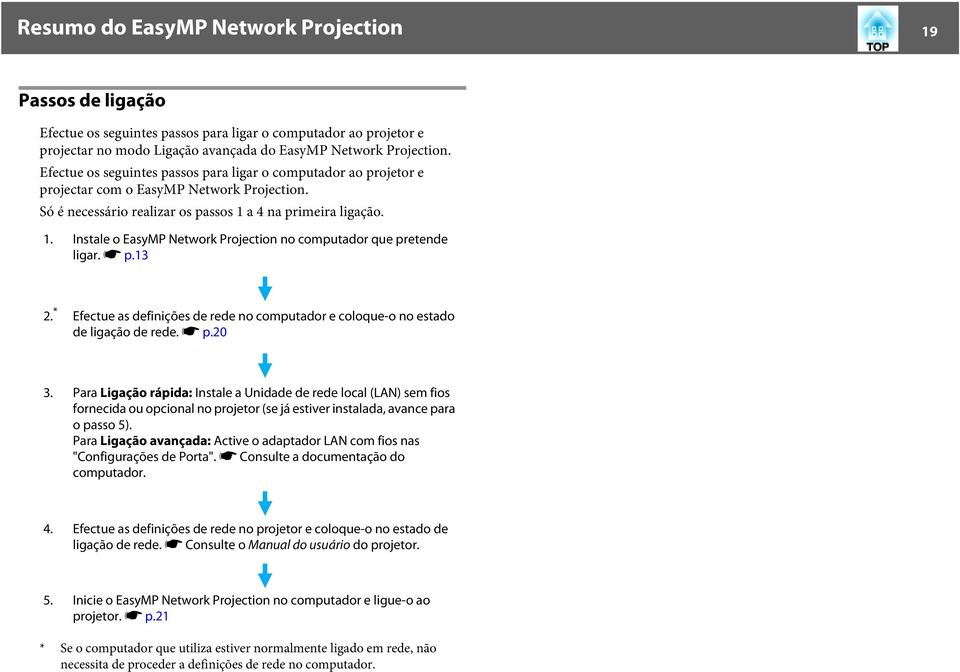 a 4 na primeira ligação. 1. Instale o EasyMP Network Projection no computador que pretende ligar. s p.13 2. * Efectue as definições de rede no computador e coloque-o no estado de ligação de rede. s p.20 3.