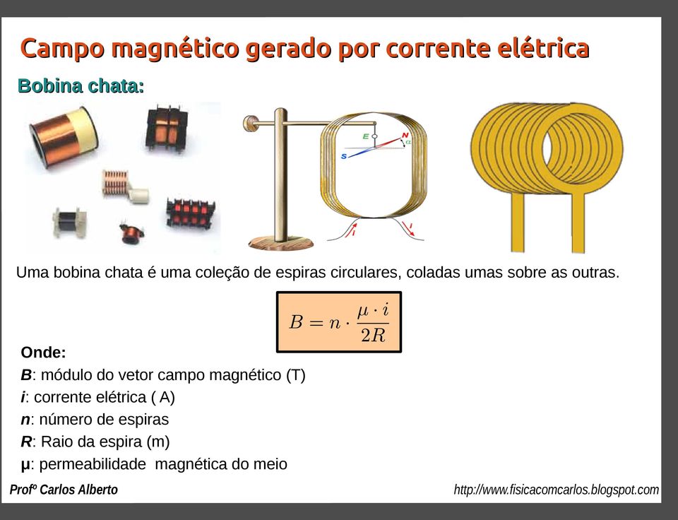 Onde: B: módulo do vetor campo magnético (T) i: corrente elétrica ( A)