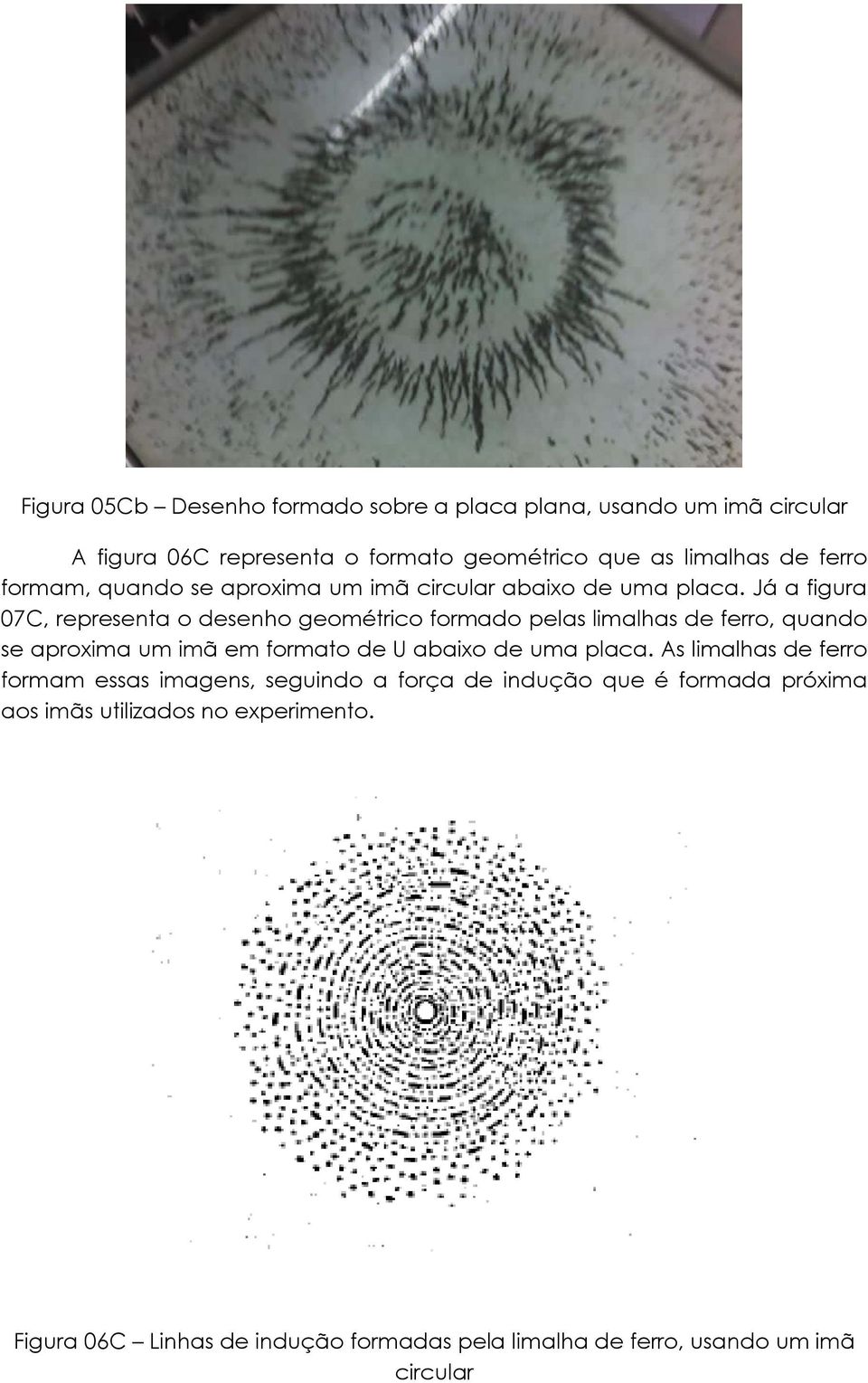 Já a figura 07C, representa o desenho geométrico formado pelas limalhas de ferro, quando se aproxima um imã em formato de U abaixo de uma
