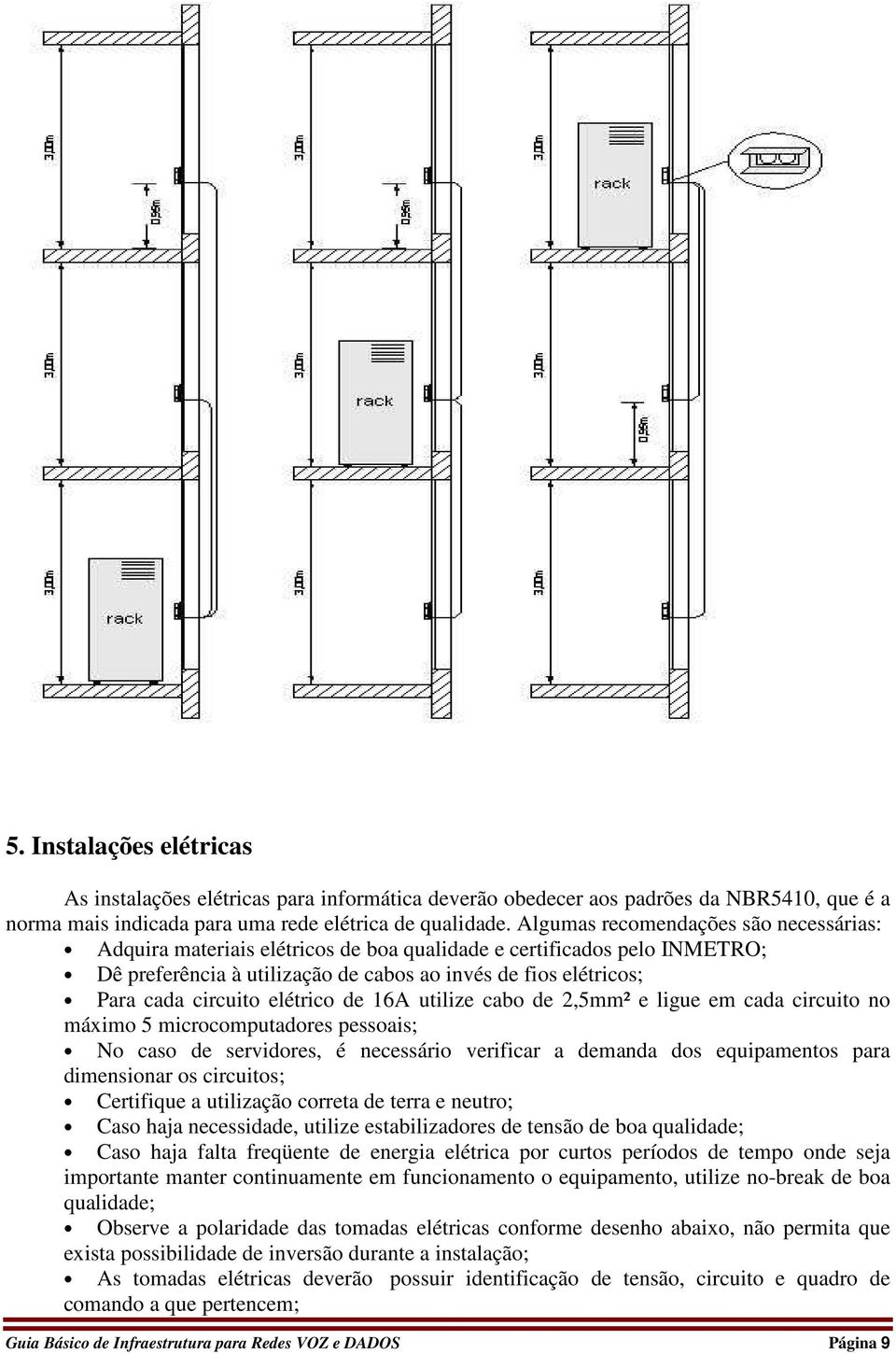 elétrico de 16A utilize cabo de 2,5mm² e ligue em cada circuito no máximo 5 microcomputadores pessoais; No caso de servidores, é necessário verificar a demanda dos equipamentos para dimensionar os