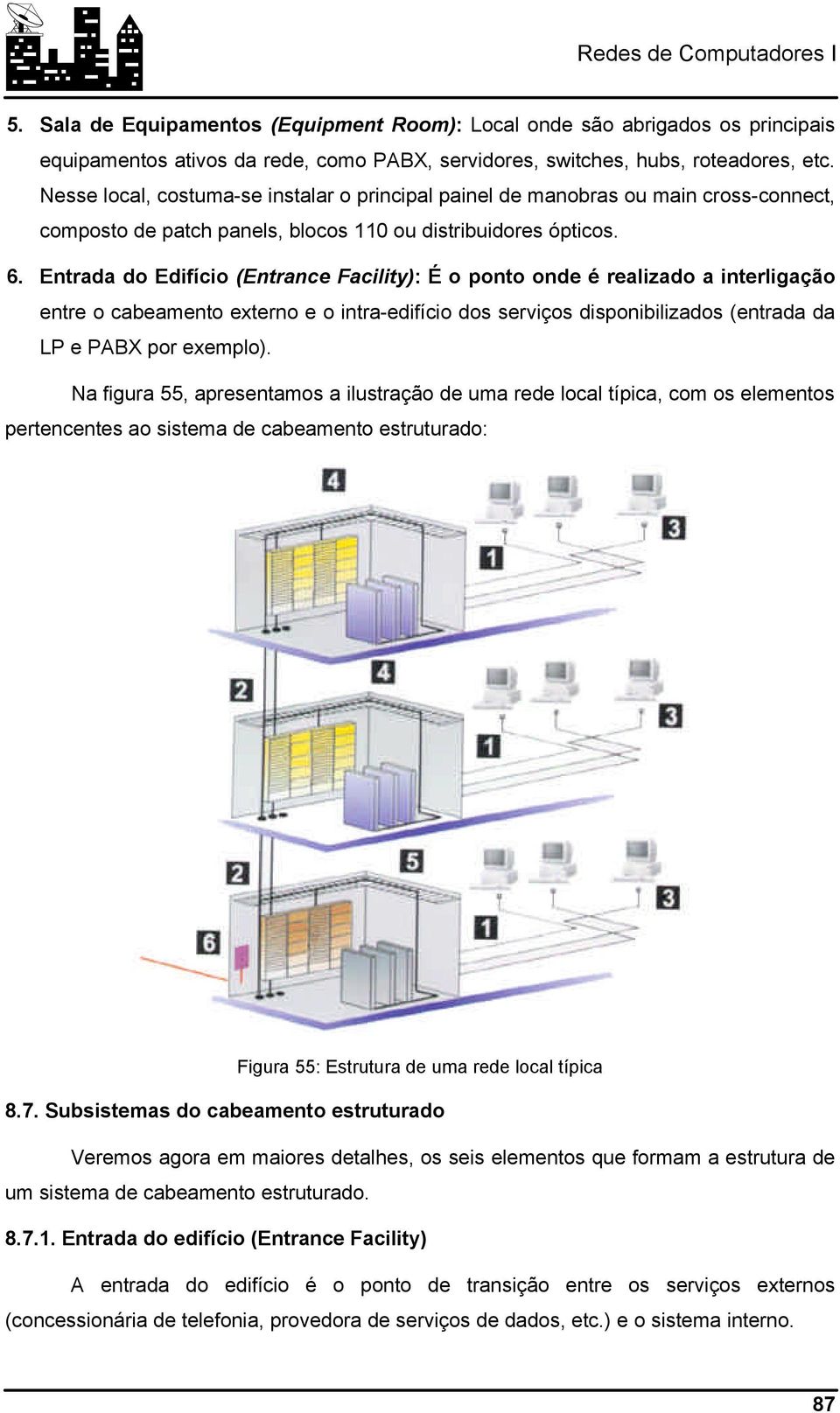 Entrada do Edifício (Entrance Facility): É o ponto onde é realizado a interligação entre o cabeamento externo e o intra-edifício dos serviços disponibilizados (entrada da LP e PABX por exemplo).