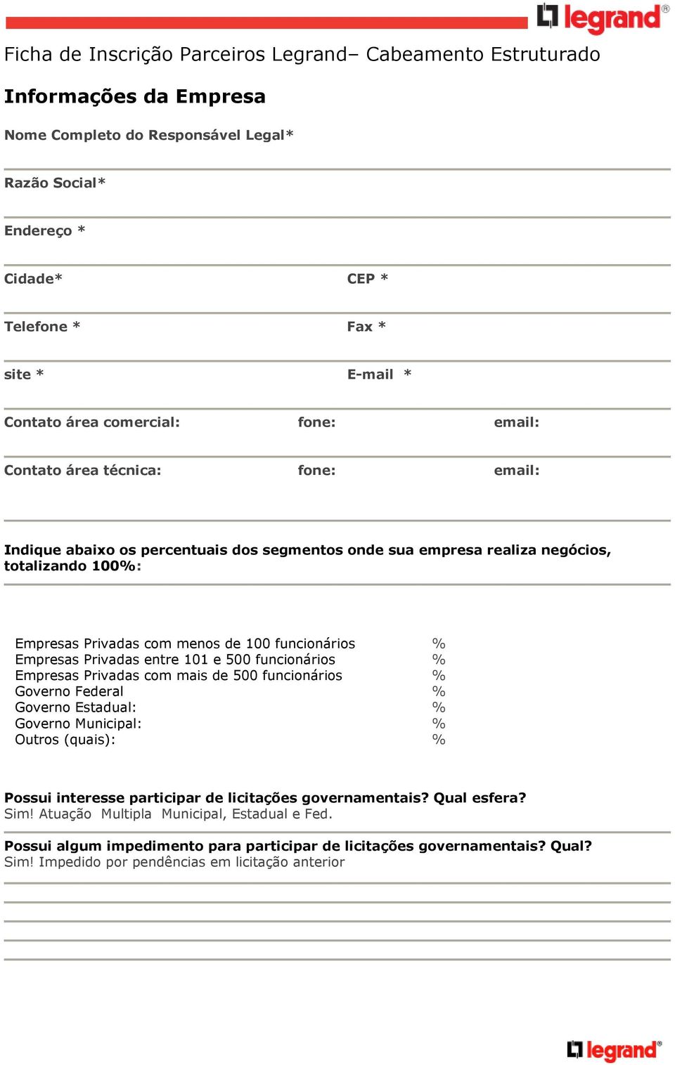 funcionários % Empresas Privadas entre 101 e 500 funcionários % Empresas Privadas com mais de 500 funcionários % Governo Federal % Governo Estadual: % Governo Municipal: % Outros (quais): % Possui