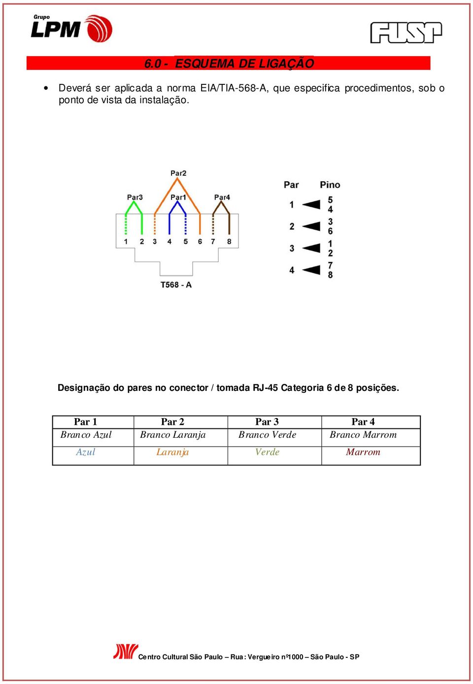 Designação do pares no conector / tomada RJ-45 Categoria 6 de 8 posições.
