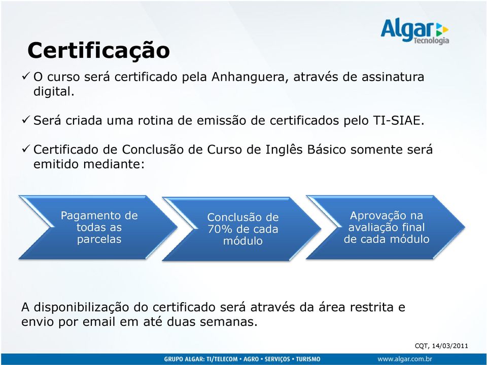 Certificado de Conclusão de Curso de Inglês Básico somente será emitido mediante: Pagamento de todas as