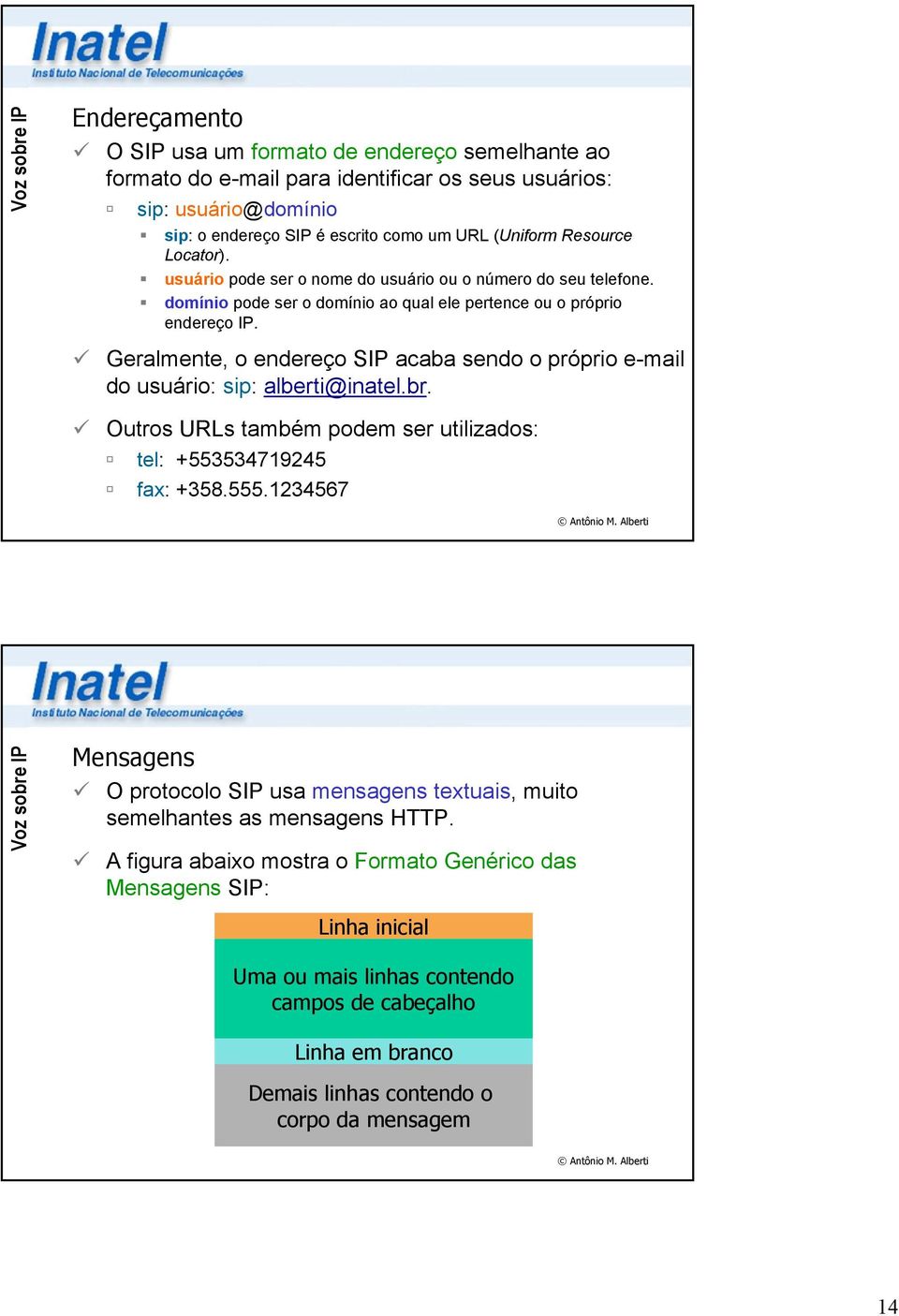 Geralmente, o endereço SIP acaba sendo o próprio e-mail do usuário: sip: alberti@inatel.br. Outros URLs também podem ser utilizados: tel: +553534719245 fax: +358.555.