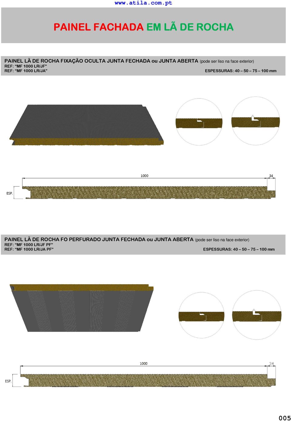 40 50 75 100 mm PAINEL LÃ DE ROCHA FO PERFURADO JUNTA FECHADA ou JUNTA ABERTA (pode ser