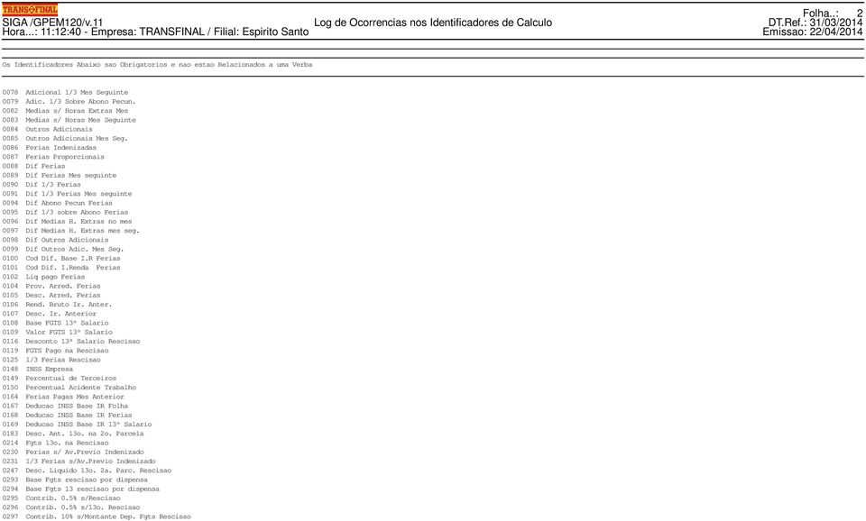 0086 Ferias Indenizadas 0087 Ferias Proporcionais 0088 Dif Ferias 0089 Dif Ferias Mes seguinte 0090 Dif 1/3 Ferias 0091 Dif 1/3 Ferias Mes seguinte 0094 Dif Abono Pecun Ferias 0095 Dif 1/3 sobre