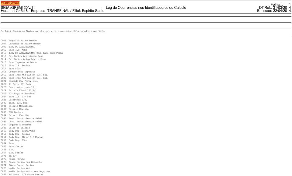 Sal. 0020 Base Inss Aci Lim p/ 13o. Sal. 0021 Liquido 2a. Parc. 13o. 0022 1 Parc. 13º Sal. 0023 Desc. antecipaco 13o. 0024 Parcela Final 13º Sal 0025 13º Pago na Rescisao 0027 Base I.R. 13º Sal 0028 Diferenca 13o.