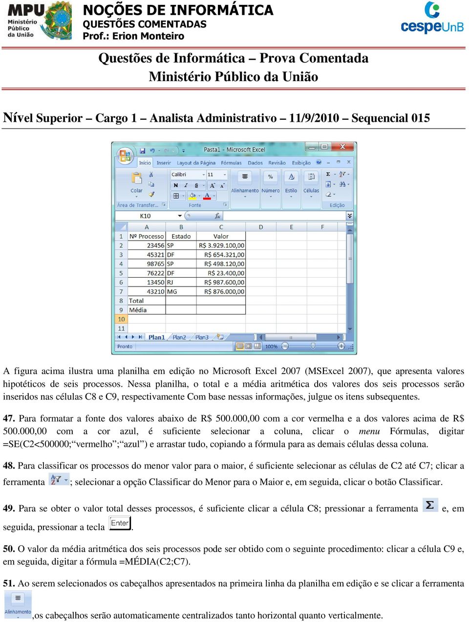 edição no Microsoft Excel 2007 (MSExcel 2007), que apresenta valores hipotéticos de seis processos.