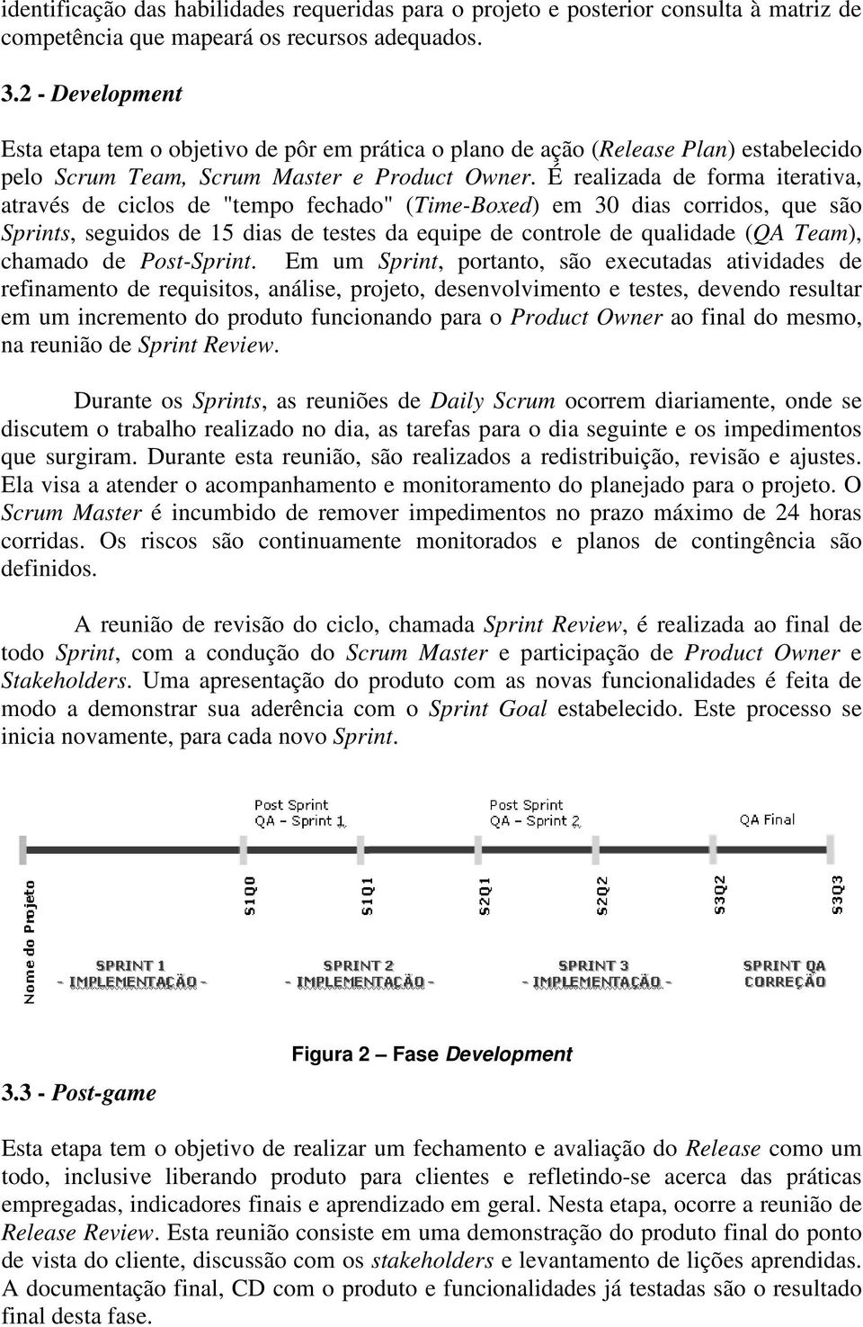 É realizada de forma iterativa, através de ciclos de "tempo fechado" (Time-Boxed) em 30 dias corridos, que são Sprints, seguidos de 15 dias de testes da equipe de controle de qualidade (QA Team),