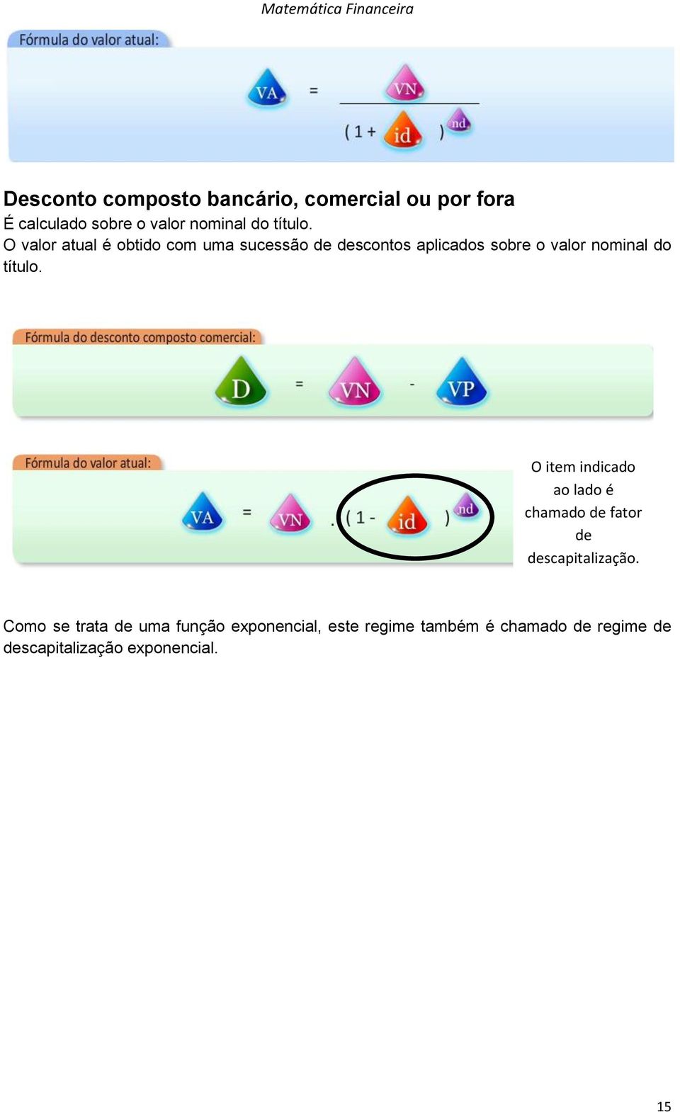 O valor atual é obtido com uma sucessão de descontos aplicados sobre o valor nominal do  O