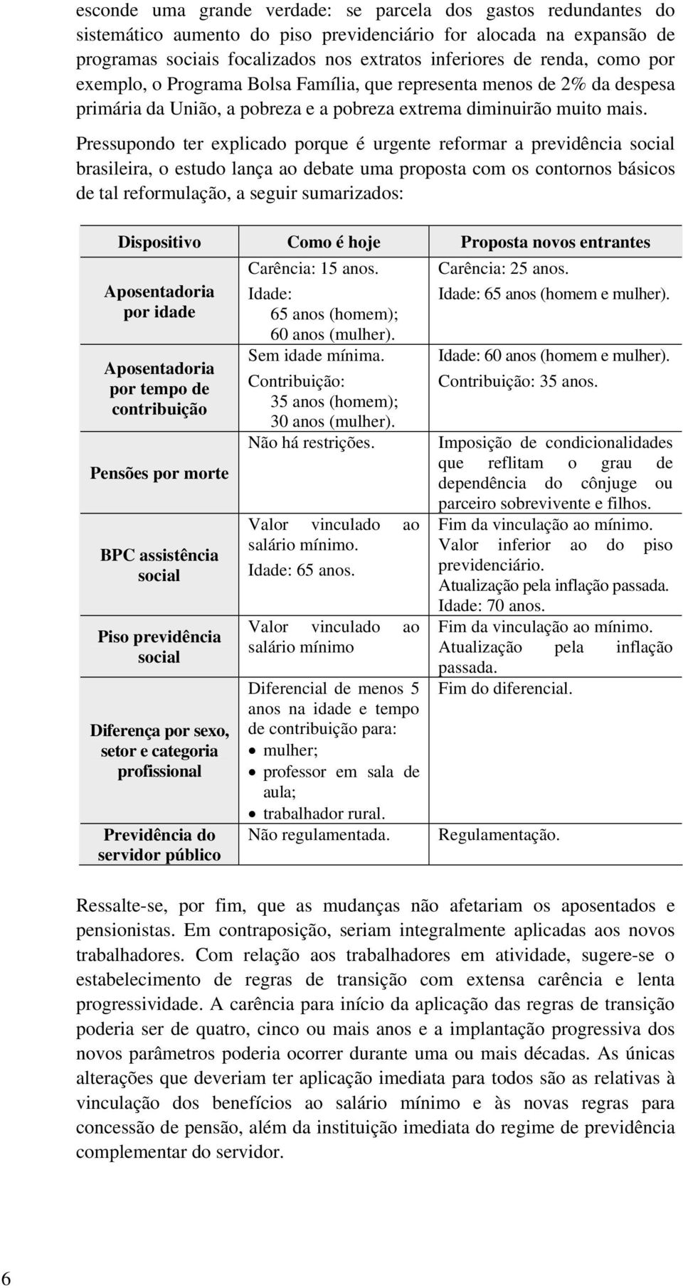 Pressupondo ter explicado porque é urgente reformar a previdência social brasileira, o estudo lança ao debate uma proposta com os contornos básicos de tal reformulação, a seguir sumarizados: