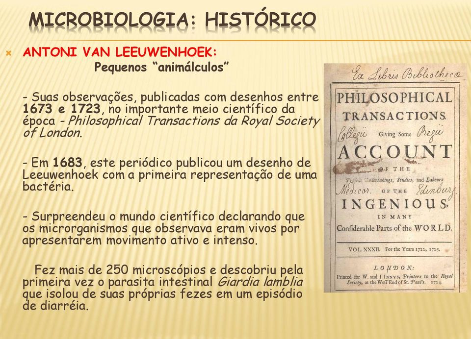 - Em 1683, este periódico publicou um desenho de Leeuwenhoek com a primeira representação de uma bactéria.