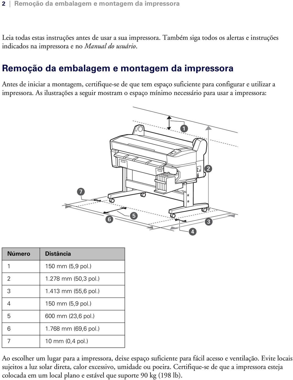 As ilustrações a seguir mostram o espaço mínimo necessário para usar a impressora: Número Distância 1 150 mm (5,9 pol.) 2 1.278 mm (50,3 pol.) 3 1.413 mm (55,6 pol.) 4 150 mm (5,9 pol.