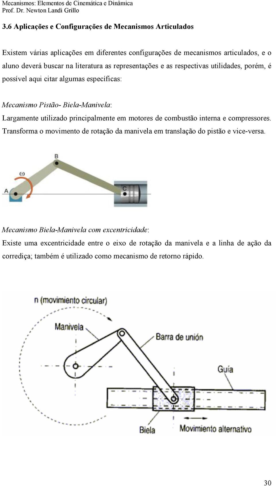 principalmente em motores de combustão interna e compressores. Transforma o movimento de rotação da manivela em translação do pistão e vice-versa.